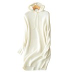 Fall 2020 Fashion Pure Cashmere Elegant Women Dress Knee Length Thick Lady's Winter Dresses With Hat White Long Sweater Dress