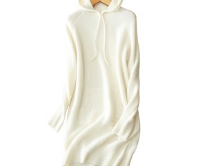 Fall 2020 Fashion Pure Cashmere Elegant Women Dress Knee Length Thick Lady's Winter Dresses With Hat White Long Sweater Dress
