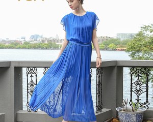 The New VOA Blue Silk Dress Thin Summer 2020 Summer Tee Loose Pleated Dress Female A6003