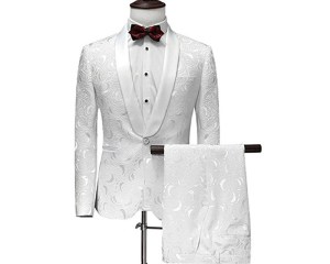 YFFUSHI Men Suit One Buttom 2 Pieces Homme Mariage White Jacquard Tuxedo Shawl Collar Mens Suits Wedding Groom Party Dress