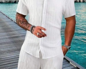 2024 Men's Fashion Summer New Style Casual Solid Color Stripe Suit Male High-Quality Two-Piece Set US Size