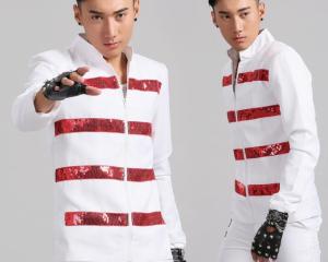 Stand collar men suits designs white stage costumes for singers men sequin blazer dance clothes jacket style dress punk rock