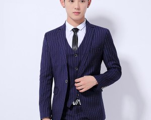 (Jakcet+Pant) Wedding Dress Suit Plaid Slim Fit Suits One Button Male Clothes M-3XL Terno Masculino Dark blue/Black/Blue K309