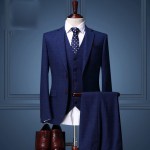 High Quality 2020 Blue Plaid Suit Male Groom Dress Suits Set Men's Spring 3 Piece Suits For Wedding (Jacket/ Vest/ Pant)