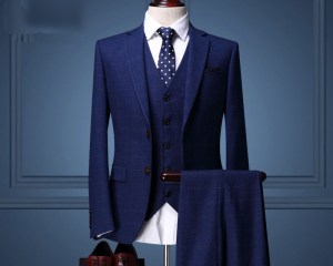 High Quality 2020 Blue Plaid Suit Male Groom Dress Suits Set Men's Spring 3 Piece Suits For Wedding (Jacket/ Vest/ Pant)