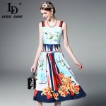 High Quality 2020 Runway Designer Summer Dress Women's Elegant Spaghetti Strap Casual Floral Printed Pleated Dress