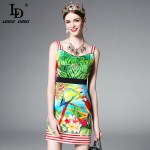 2020 Runway Summer Dress Women's elegant Backless Spaghetti Strap Stripe Casual Vintage Flower Bird Printing Short Dress Bodycon