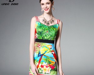 2020 Runway Summer Dress Women's elegant Backless Spaghetti Strap Stripe Casual Vintage Flower Bird Printing Short Dress Bodycon