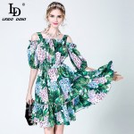 High Quality 2020 Fashion Designer Summer Dress Women's elegant Off the Shoulder Spaghetti Strap Casual Green Floral Print Dress