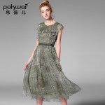 POKWAI Elegant Vintage Summer Silk Dress Women Fashion High Quality 2020 New Arrival Short Sleeve O-Neck Print A-Line Dresses