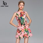 2020 Runway Designer Summer Dress Women's Elegant Sleeveless Crystal Button Parrot Sequined Pink Floral Flower Printed Dress