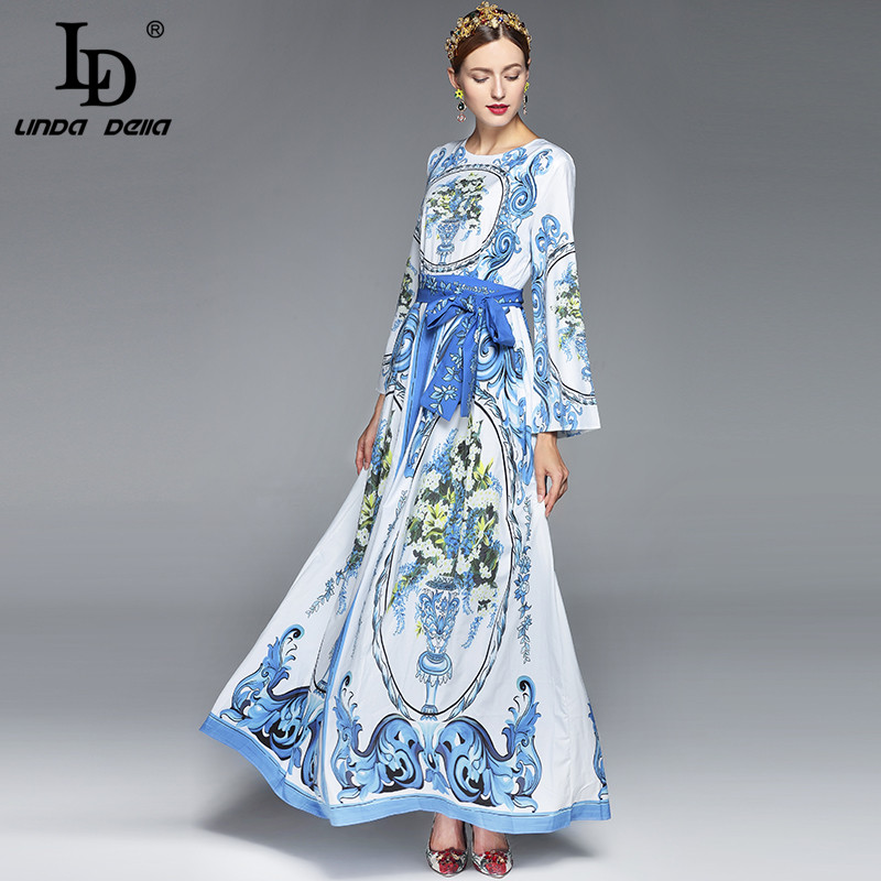 2020 Maxi Dresses Long Sleeve Long Dress Women elegant A-Line Casual Party Blue and white porcelain Floral Printed Long Dress - Image 5