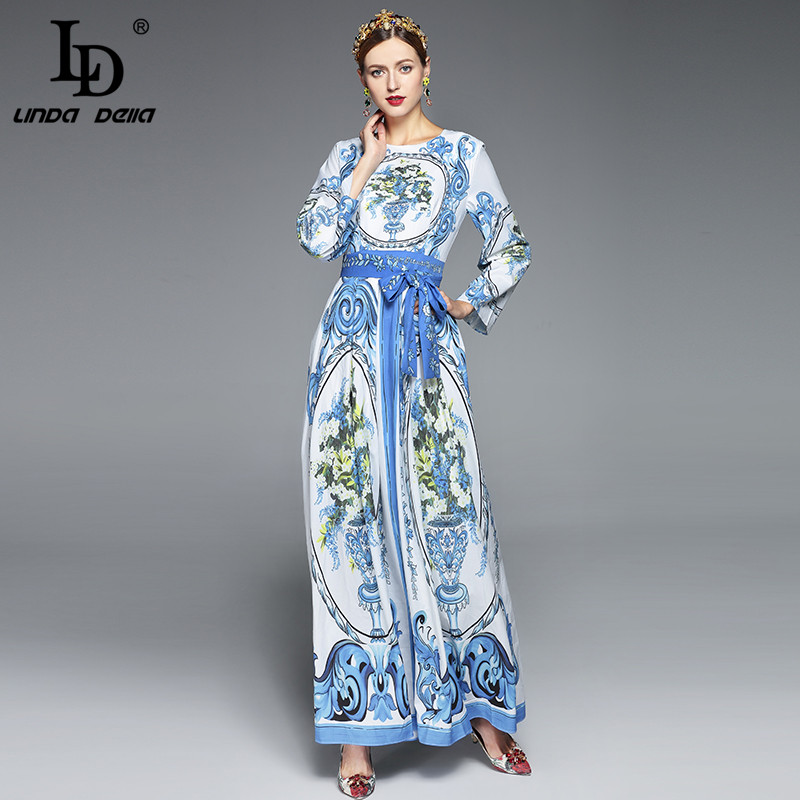 2020 Maxi Dresses Long Sleeve Long Dress Women elegant A-Line Casual Party Blue and white porcelain Floral Printed Long Dress - Image 3