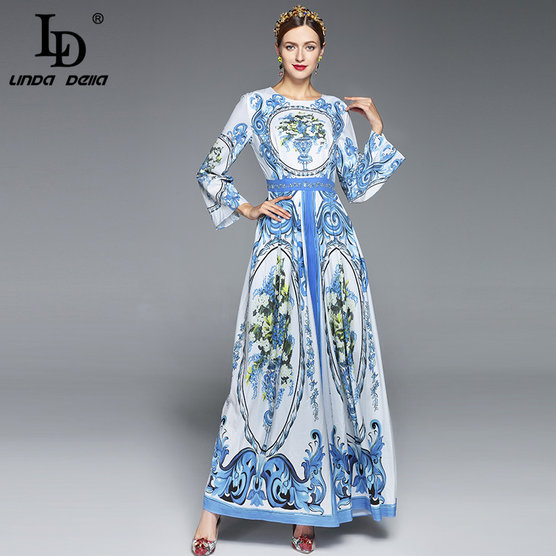 2020 Maxi Dresses Long Sleeve Long Dress Women elegant A-Line Casual Party Blue and white porcelain Floral Printed Long Dress