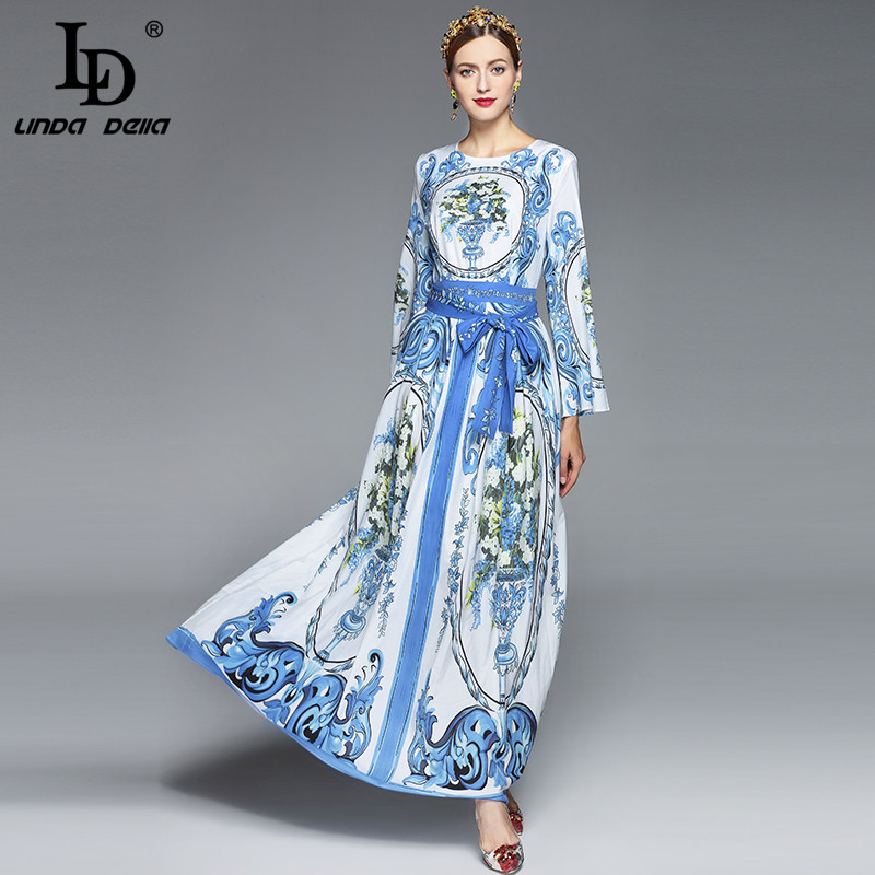 2020 Maxi Dresses Long Sleeve Long Dress Women elegant A-Line Casual Party Blue and white porcelain Floral Printed Long Dress - Image 6