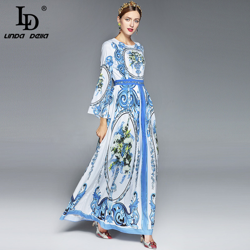 2020 Maxi Dresses Long Sleeve Long Dress Women elegant A-Line Casual Party Blue and white porcelain Floral Printed Long Dress - Image 4