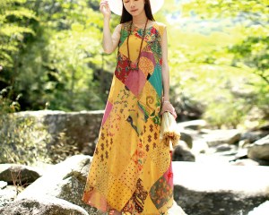 LZJN Random Patchwork Beach Dress 2020 Summer Long Sundress Cotton Vestidos Chic Robe Femme Bohemian Women Tank Maxi Dresses