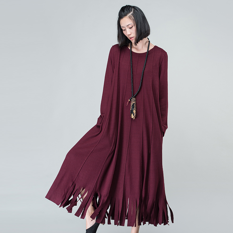 Outline Black Wool Dress Women Spring Plus Size Patchwork Black Dresses Casual Loose Full Sleeve Tassel Dark Red Dress L164Y002 - Image 4