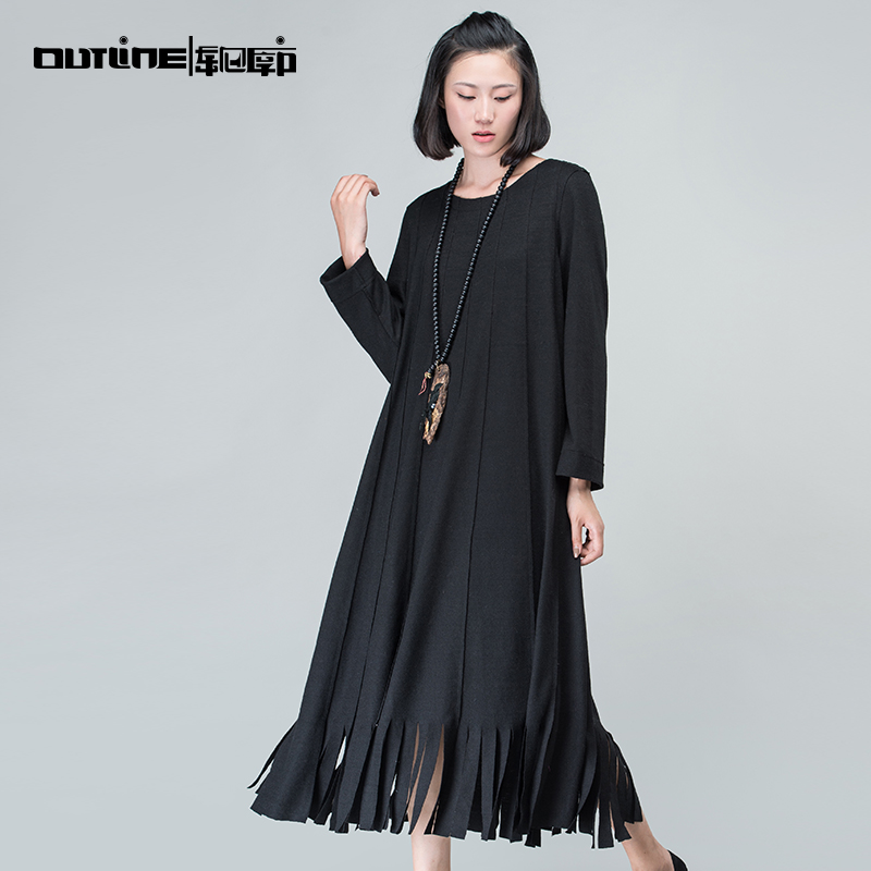 Outline Black Wool Dress Women Spring Plus Size Patchwork Black Dresses Casual Loose Full Sleeve Tassel Dark Red Dress L164Y002 - Image 3