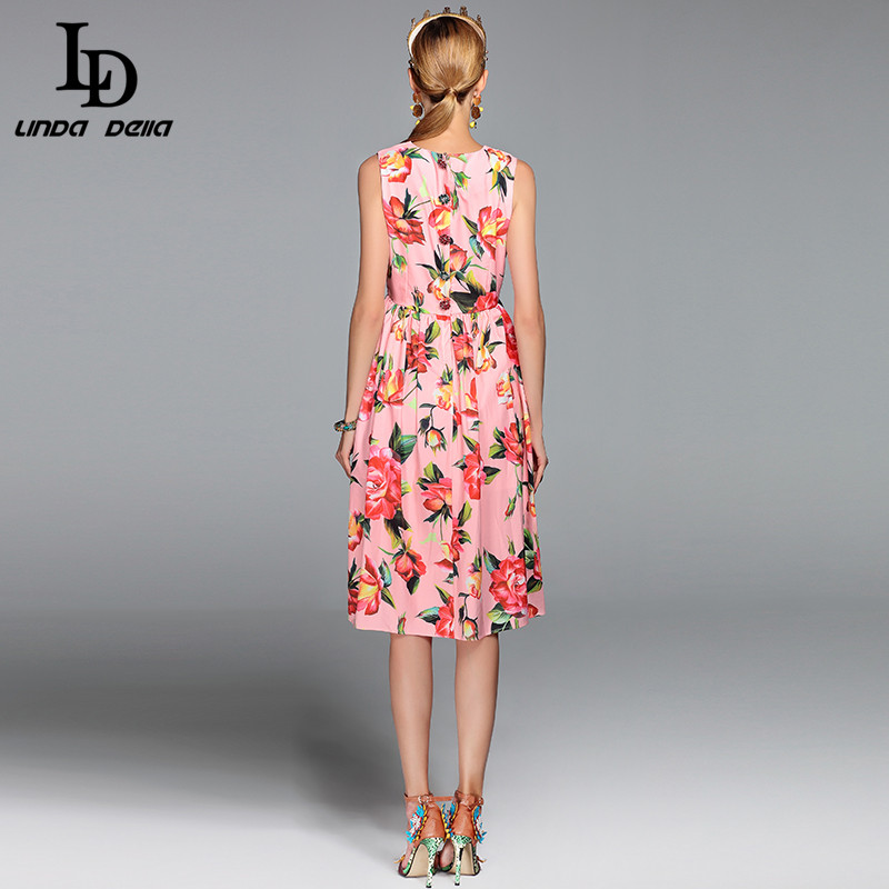 Newest 2020 Runway Designer Summer Dress Women's Sleeveless Crystal Button Pink Floral Flower Printed Knee Length Casual Dresses - Image 7