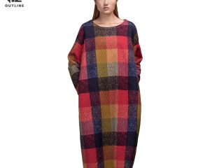 Outline Women Plaid Autumn Dress Vintage Cotton Loose Pullover Pockets Plus Size Print Full Sleeve O-neck Long Dresses L153Y008