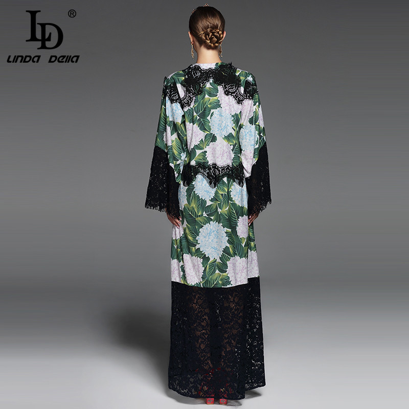 High Quality 2020 Runway Maxi Dress Women's Long Sleeve Vintage Green Floral Print Lace Patchwork Loose Long Dress - Image 7