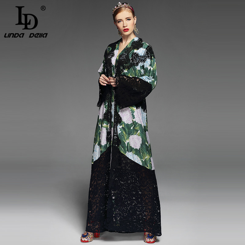 High Quality 2020 Runway Maxi Dress Women's Long Sleeve Vintage Green Floral Print Lace Patchwork Loose Long Dress - Image 4