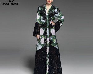 High Quality 2020 Runway Maxi Dress Women's Long Sleeve Vintage Green Floral Print Lace Patchwork Loose Long Dress