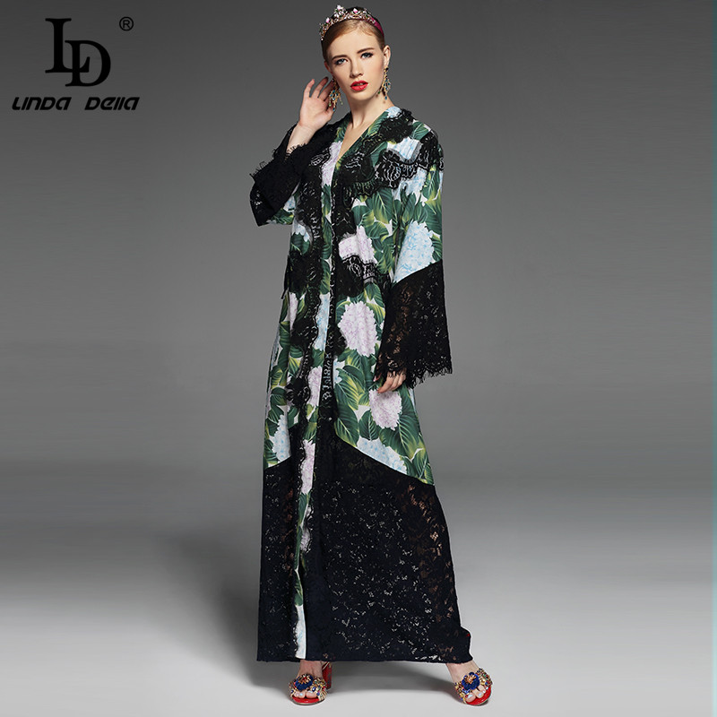 High Quality 2020 Runway Maxi Dress Women's Long Sleeve Vintage Green Floral Print Lace Patchwork Loose Long Dress - Image 5