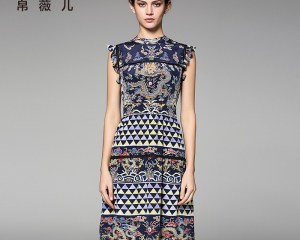 POKWAI Vintage Summer Silk Dress Women Fashion High Quality 2020 New Sleeveless Stand Neck Cascading Ruffle Print A-Line Dresses