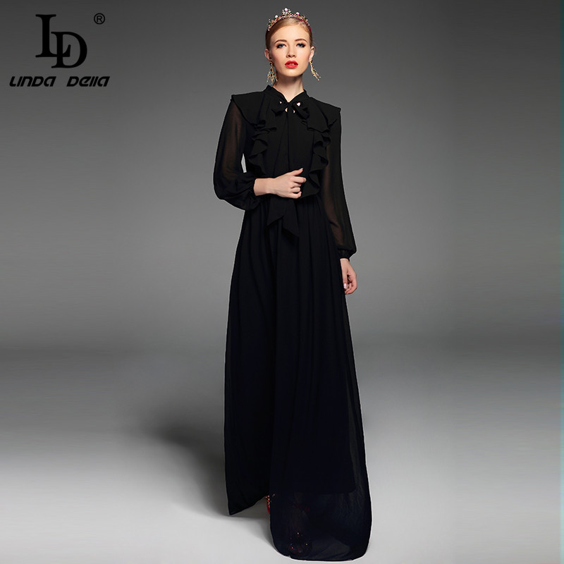 High Quality New 2020 Fashion Runway Designer Maxi Dress Women's Long Sleeve Floor Length Sexy Ruffles Long Dress - Image 3