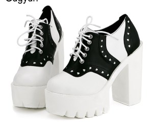 Gdgydh Casual Autumn Women Shoes High Heels Lacing Round Toe Platform Female Single Shoes Thick Heel Cut-outs Women Pumps White