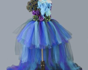 Girls Peacock Tutu Dress Long Train Tail Tulle Feathers Flowers Girl Pageant Dress Baby Kids Girls Party Birthday Dance Dresses
