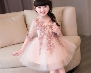 2020New Korean Formal Princess Costumes Party Dress Girl Kids Luxury Embroidery Lace Birthday Wedding Party Half Sleeves Dress