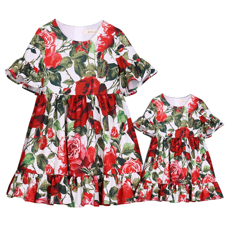 Summer beach vacation children family matching clothes mother daughter dress kids Toddler skirt red rose women and girl clothing - Image 6