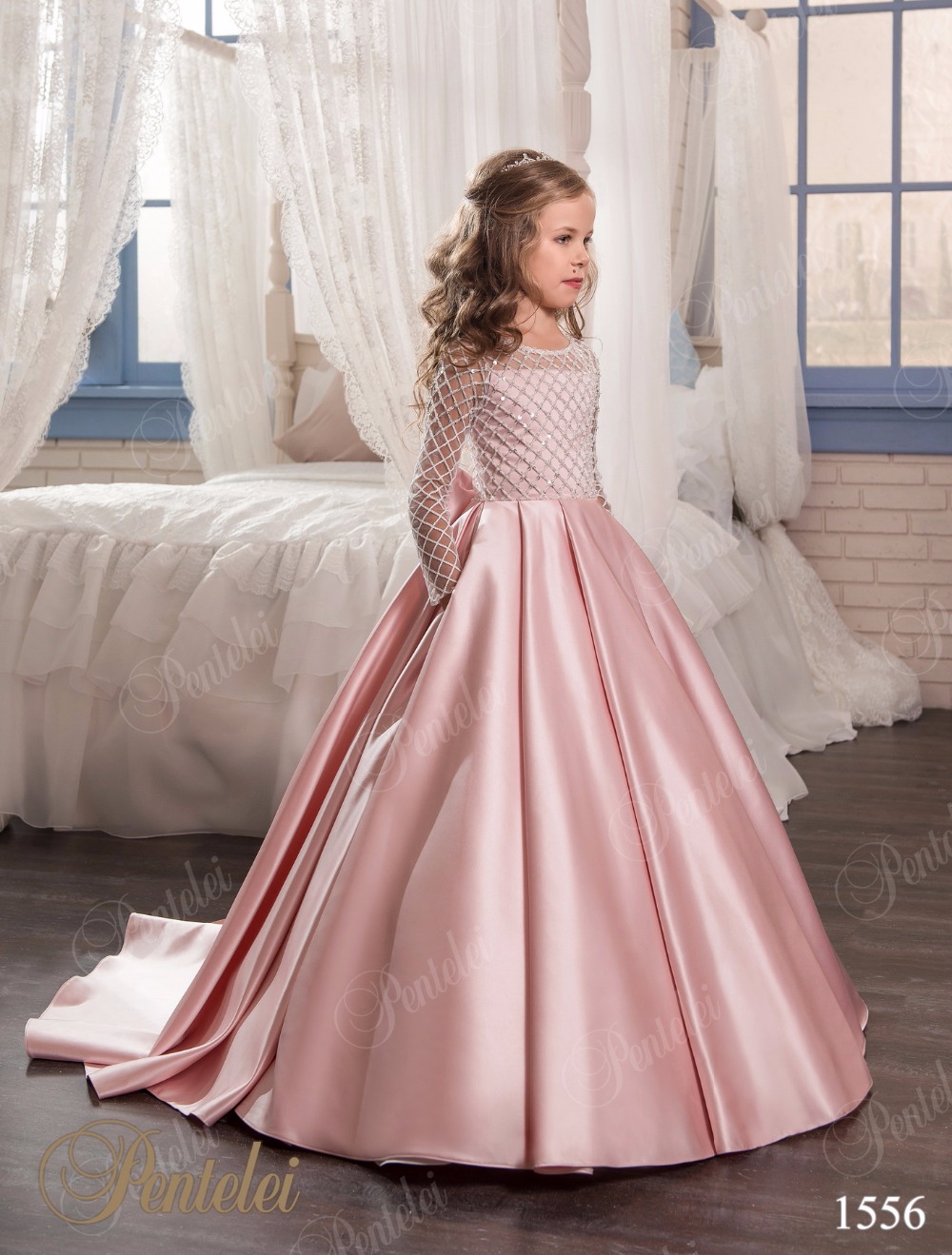 Christmas Fancy Flower Girl Dress Floor Length Button Draped Pink Long Sleeves Tulle Ball Gowns for Kids Glitz 0-12 Old 2020 New - Image 6