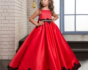 Fancy Kids Pageant Dresses Glitz Sleeveless Red Satin Black Lace Appliques Beading Tank Long Communion Dresses with Belt Bow 12