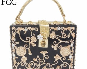 Floral Crystal Women Evening Totes Bag Black Acrylic Clutches Shoulder Handbags Crossbody Bags Hardcase Ladies Box Clutch Bag