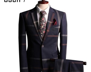 OSCN7 Navy Blue Slim Fit Plaid Suit Men Notch Lapel Business Formal Dress Suits For Men Fashion Terno Masculino Plus Size Suit