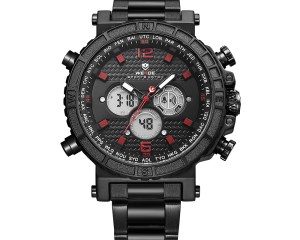 WEIDE Quartz Alarm Chronograph Back Light Date LCD Digital Analog Display Stainless Steel Band Black Red Mens Sport Wrist Watch