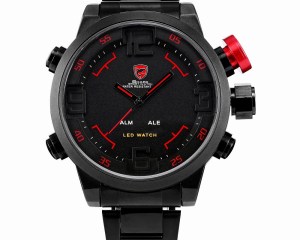 Gulper SHARK Sport Watch Series Digital LED Stainless Full Steel Black Red Date Day Alarm Men's Quartz Military Watches / SH105