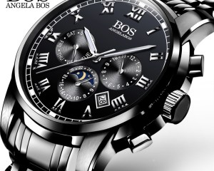 ANGELA BOS Black Stainless Steel Clock Men Watches 2020 Luxury Brand Men Watch Quartz Contracted Date Men's Watches Wristwatch