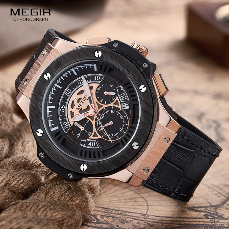 Megir Mens Chronograph Luminous Leather Strap Quartz Wristwatches Fashion Waterproof Military Sport Watch for Man 2035 Black - Image 4