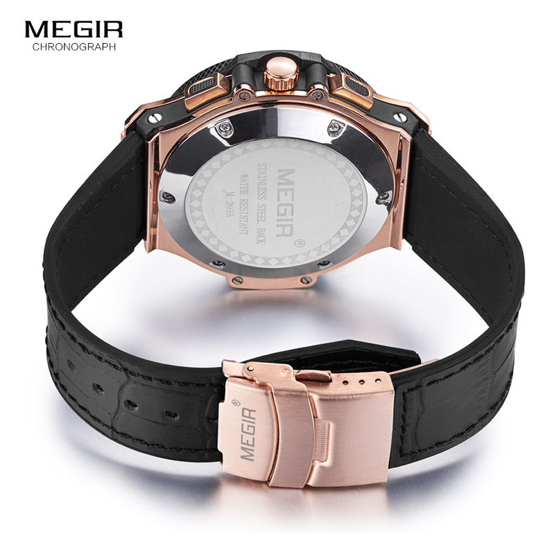 Megir Mens Chronograph Luminous Leather Strap Quartz Wristwatches Fashion Waterproof Military Sport Watch for Man 2035 Black - Image 7