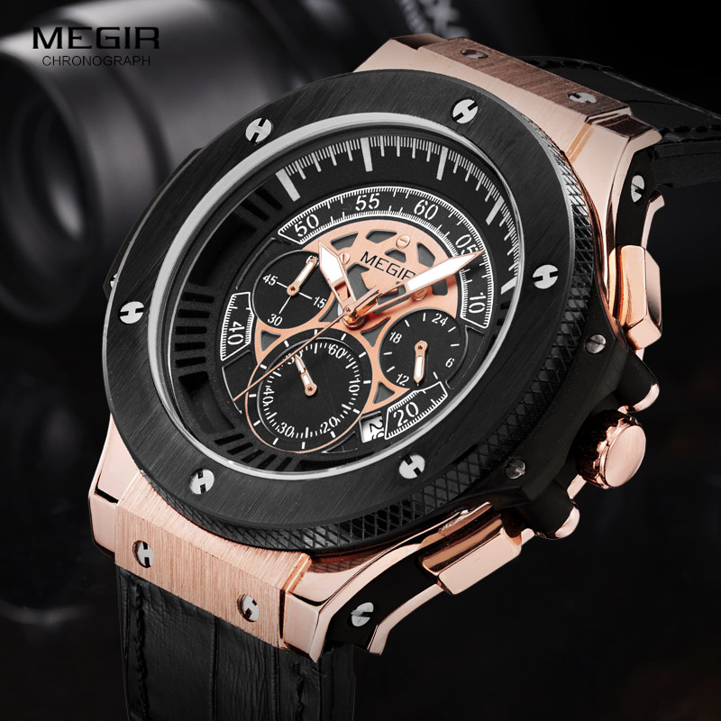 Megir Mens Chronograph Luminous Leather Strap Quartz Wristwatches Fashion Waterproof Military Sport Watch for Man 2035 Black
