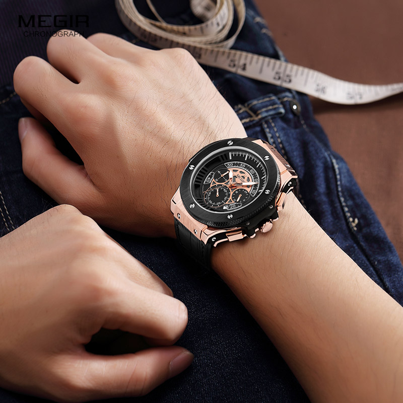 Megir Mens Chronograph Luminous Leather Strap Quartz Wristwatches Fashion Waterproof Military Sport Watch for Man 2035 Black - Image 5