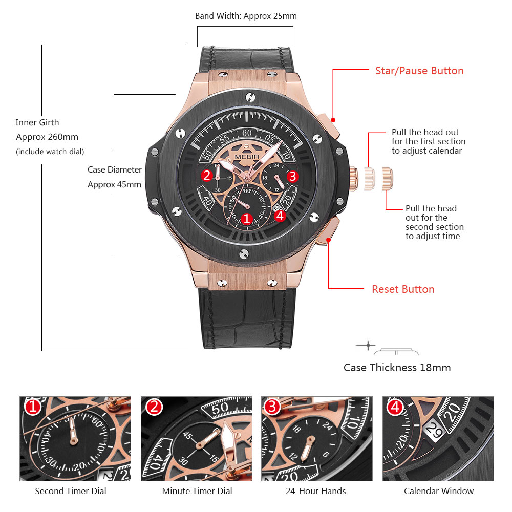 Megir Mens Chronograph Luminous Leather Strap Quartz Wristwatches Fashion Waterproof Military Sport Watch for Man 2035 Black - Image 6