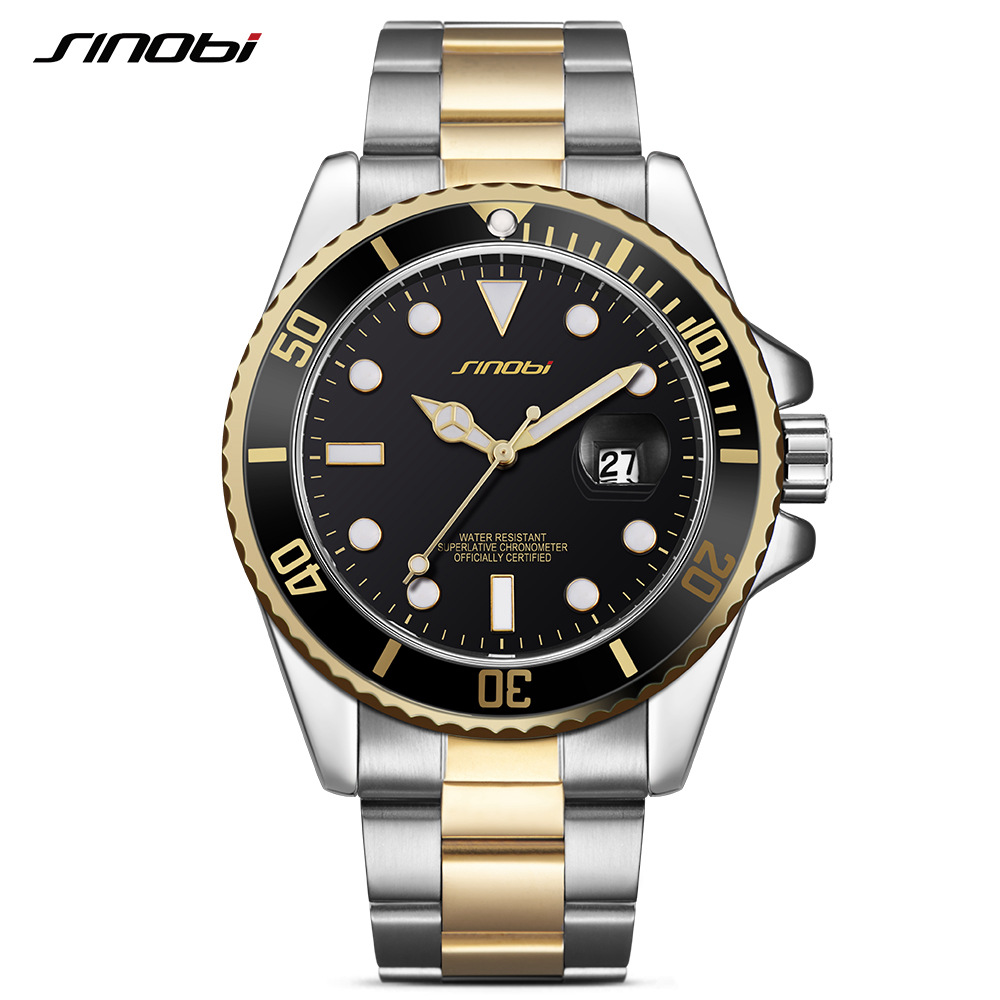 SINOBI Casual Men Watch 2020 Waterproof Date Stainless Steel Band Luxury Mans Sports Quartz Watches Golden relogio masculino - Image 3