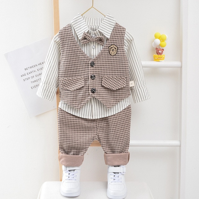 Children Kids Gentleman Clothing Suit Birthday Wedding Party Elegant Set Baby Boy Casual Wear Striped Shirt Vest Pants Costume - Image 5