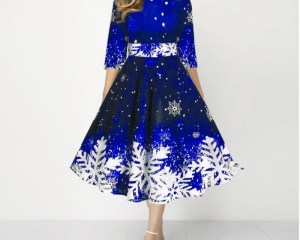 Christmas Woman's O-Neck 3/4 Sleeves Waist Tight High-Waist Christmas Dress Xmas Snowflake Print Large Hem A-Line Midi Dress